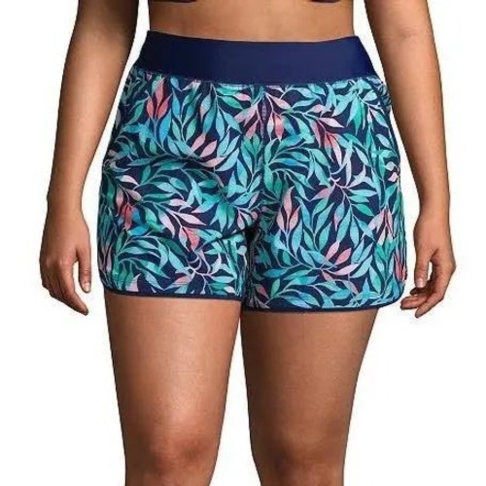 Lands End Womens Board Shorts Size 10 Tropical Leaf Print Swim Trunks Navy Blue